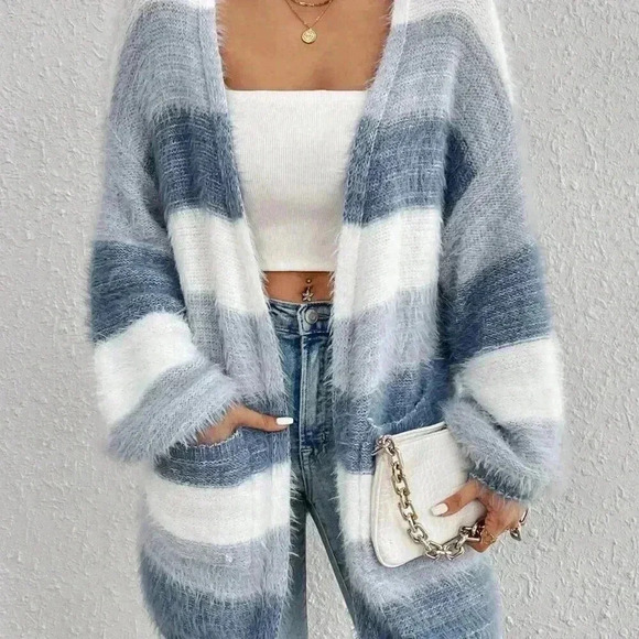 Multicolor Casual Women's Drop Shoulder Open Front Fluffy Knit Duster Cardigan - Picture 4 of 5